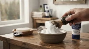 A badger hair shaving brush whipping up a rich lather from a hard shaving soap puck in a bowl.