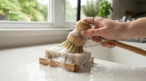 Hand rubbing a natural dish brush onto a zero waste dish soap bar to create a thick lather. / Utilisation d'une brosse avec un savon vaisselle solide.