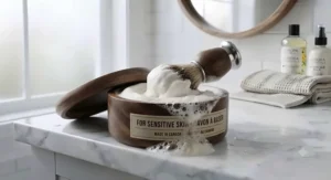Rich lather from shaving soap for sensitive skin, safe for daily use.