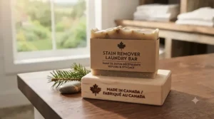 Locally crafted Canadian stain remover laundry bar featuring a maple leaf accent, representing trusted domestic quality.