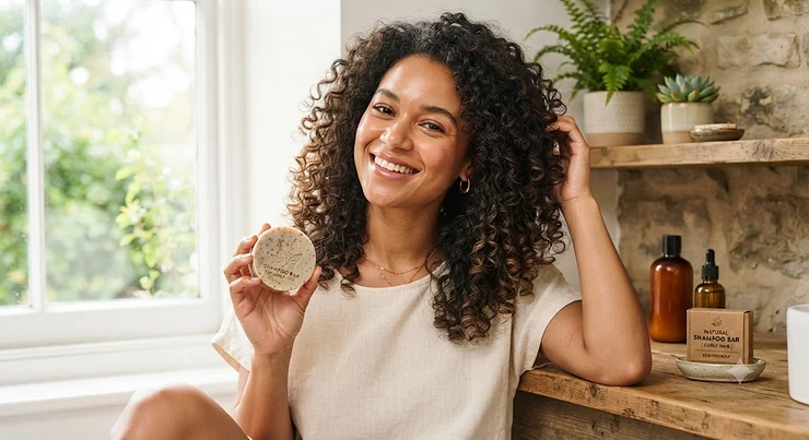 Person with vibrant curly hair holding a natural, eco-friendly shampoo bar. best shampoo bar