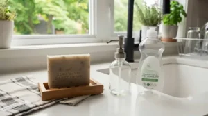 A zero waste dish soap bar displayed beside plastic liquid soap bottles to show plastic-free swaps. / Alternative sans plastique aux bouteilles de savon liquide.