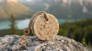 A compact travel soap on a rope bar. Petit savon de voyage sur corde compact et pratique.
