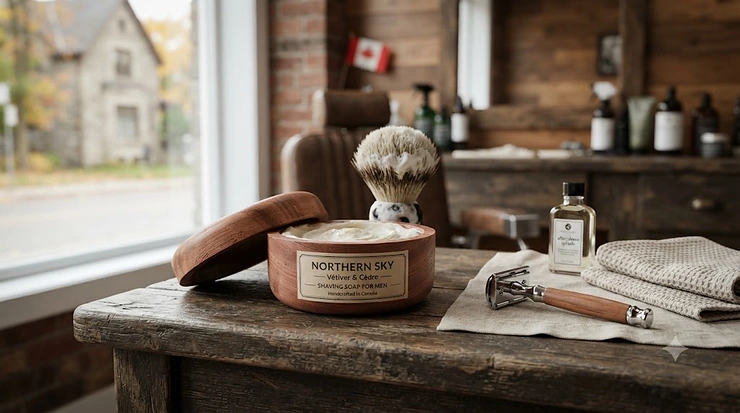 Artisanal shaving soap for men in a cedar bowl, ideal for sensitive skin.