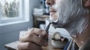 A double-edge safety razor gliding smoothly through a dense shaving soap lather on a man's face.