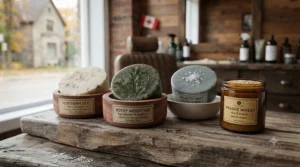 Assorted cedar and sandalwood scented shaving soap for men.
