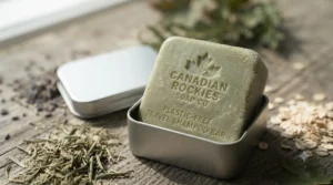 Travel shampoo bar stored inside a protective metal tin