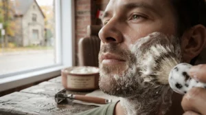 Using a badger hair brush to apply shaving soap for men.