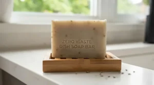 Close-up of a solid, plant-based zero waste dish soap bar designed for plastic-free kitchen routines. / Barre de savon vaisselle solide et écologique.