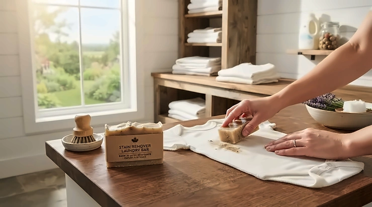Natural stain remover laundry bar on a wooden background, popular across Canada for eco-friendly zero-waste laundry care. / Barre de savon détachante naturelle pour la lessive, populaire au Canada pour un entretien écologique du linge.