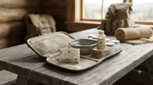 Compact solid laundry bar soap packed in a travel kit, perfect for camping trips across Canada.