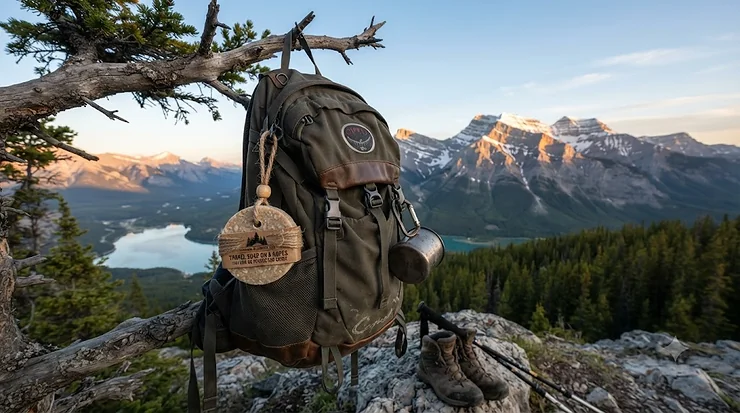 Travel soap on a rope hanging from a backpack, perfect for camping in Canadian parks. Savon de voyage sur corde pour le camping au Canada.