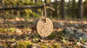 A travel soap on a rope hanging to dry after use. Savon de voyage sur corde séchant après usage.