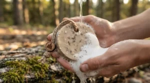 Rich lather of a travel soap on a rope. Mousse onctueuse d'un savon de voyage sur corde.