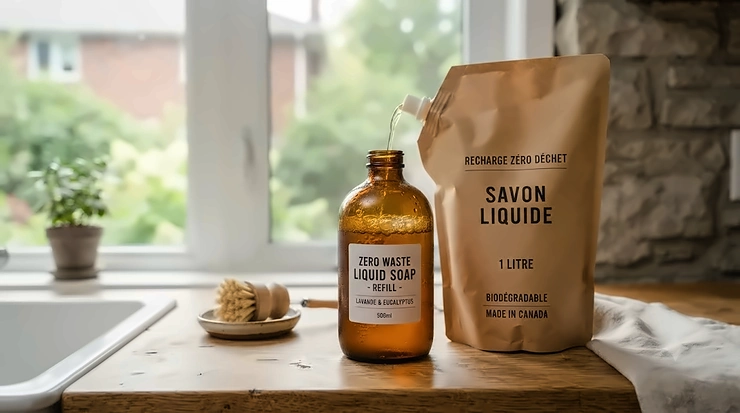 A sustainable zero waste liquid soap refill pouch on a wooden counter, eco-friendly home care for Canadian households. / Pochette de recharge de savon liquide zéro déchet.