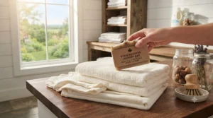 Plastic-free zero-waste stain remover laundry bar resting next to fresh cotton laundry, meeting Canadian sustainable living standards.
