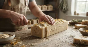 Artisan natural soap bar being hand-cut in a small Canadian soap workshop.