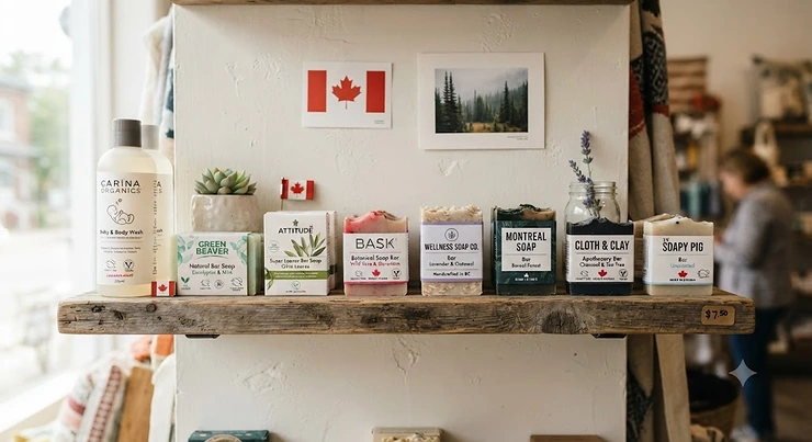 Collection of natural, cruelty-free soap brands popular across Canada displayed on a wooden shelf