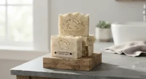 A stack of Canadian-made cruelty-free soap bars ideal for managing dry skin.