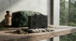 An activated charcoal natural soap bar for men providing a deep clean after outdoor activities.