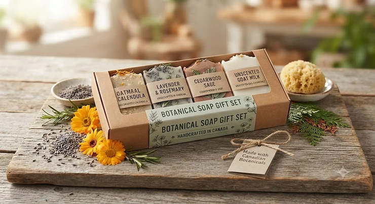 Handcrafted botanical soap gift set featuring natural Canadian ingredients arranged on a rustic wooden board.