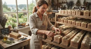 A local Canadian soap artisan curing handmade, palm-free certified vegan soap bars in a sunlit workshop.