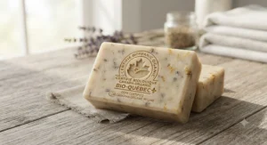 An organic soap bar stamped with certification symbols relevant to Canadian organic agriculture standards.