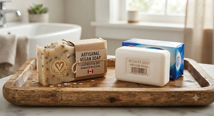 A side-by-side comparison of certified vegan soap and regular commercial soap bars on a natural wooden tray. certified vegan soap vs regular soap