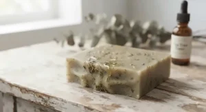 Eco-friendly, chemical-free natural soap bar resting on a bamboo dish for acne-prone skin care.
