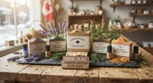 A curated selection of Canadian-made certified vegan soaps displayed with fresh botanical herbs like lavender and rosemary.