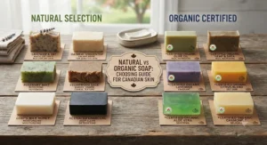 A neatly arranged display of various natural and organic soap bars to help Canadian buyers choose the right option for their skin type.