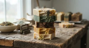A stack of cold-process natural soap bars showcasing rich textures and earthy tones.