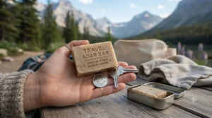 Lightweight and compact travel laundry soap bar designed to save space in luggage.