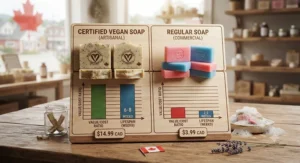 A value and lifespan comparison chart showing long-lasting certified vegan soap bars versus fast-dissolving regular soap bars.