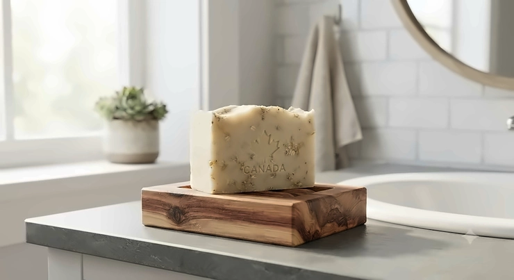 A natural, cruelty-free soap bar for dry skin resting on a wooden soap dish in a Canadian bathroom.