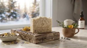 Daily skincare routine featuring a nourishing natural soap for dry skin on a vanity.