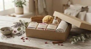 Eco-friendly bath and body gift set including handmade botanical soaps and a wooden soap dish.