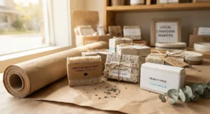 Plastic-free, biodegradable paper packaging for certified vegan soap resting on recycled craft paper in a Canadian boutique.