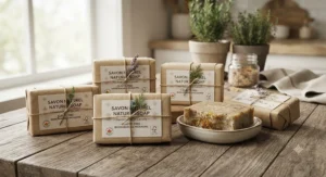 Natural soap bars wrapped in plastic-free, biodegradable paper packaging designed for eco-conscious Canadian shoppers.