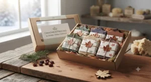 A sustainable vegan soap gift set wrapped in biodegradable paper with a Canadian maple leaf accent.