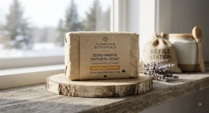 Zero-waste natural soap bar wrapped in recyclable paper, popular across Canada.