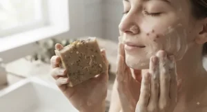 Person gently washing their face with a natural, chemical-free soap bar for acne-prone skin.
