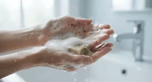A rich, gentle lather from vegan soap for sensitive skin being applied to hands.