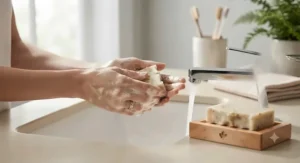 A person washing hands gently using natural soap for sensitive skin in a bright Canadian bathroom.