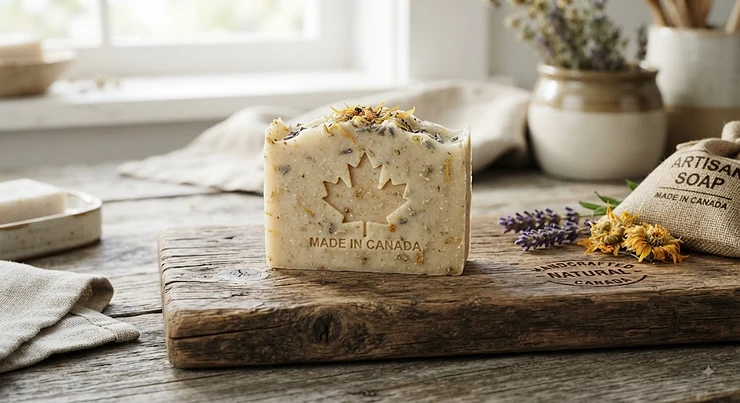 Handcrafted natural soap bar resting on a rustic wooden board, made in Canada.