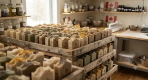 Artisanal cold-process natural soap bars curing on wooden racks in a Canadian soapmaker's studio.