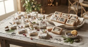 Handmade soap wedding favours and miniature botanical soap gift sets displayed on a neutral linen cloth.