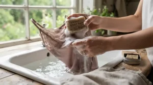 Natural travel laundry soap bar lathering up to handwash delicate garments on the road.