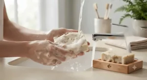 A rich lather on a fragrance-free natural soap for sensitive skin being rinsed under running water.