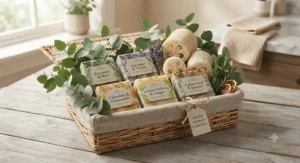 Luxurious herbal soap gift basket styled with fresh eucalyptus leaves and natural loofah sponges.